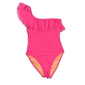 J. Crew One-Shoulder Ruffle Swimsuit Eyelet Trim Pink Size M EUC Summer‎ Beach